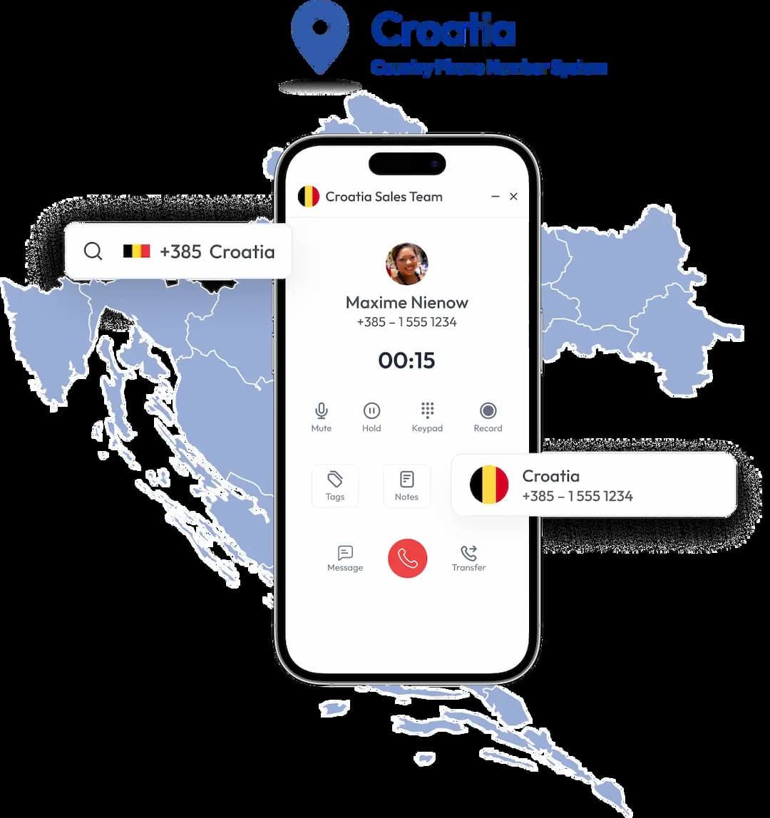 dialing croatian number with mobile along with croatia country map in its background