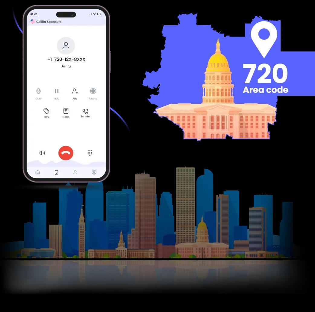 Calilio's call interface with 720 area code number and Colorado State Capitol in background