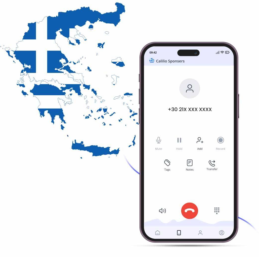greece number calling in a mobile phone and a background image consisting of greece map