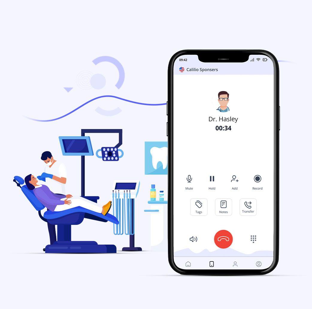 graphic of a dental clinic with an active call on a voip mobile phone