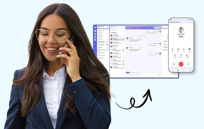 A woman in a suit talking on a cell with interface of Calilio for web and mobile behind her