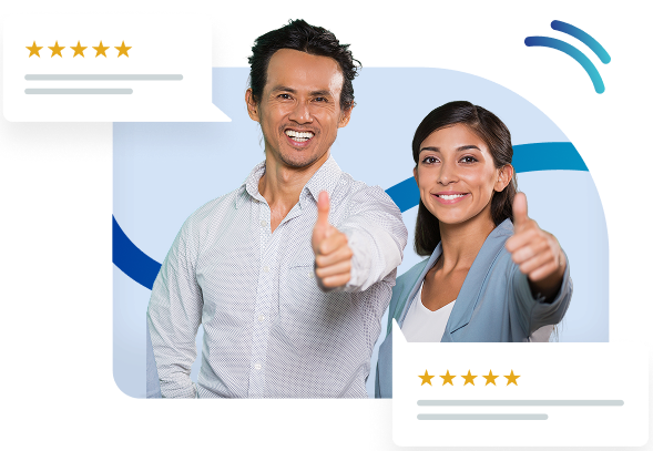 Smiling man and woman giving thumbs up with 5-star customer reviews