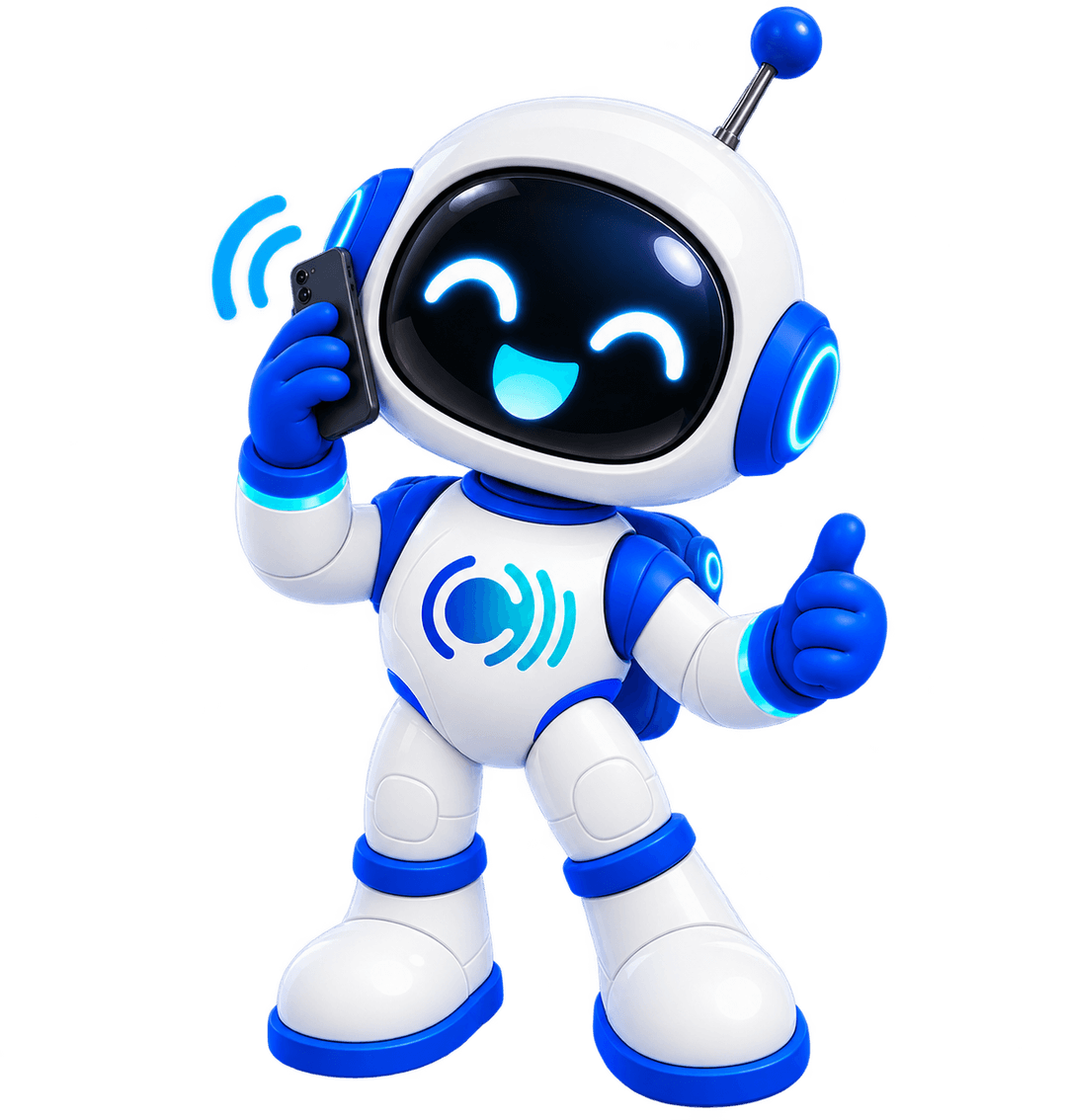 Mascot talking on the phone with a thumbs up