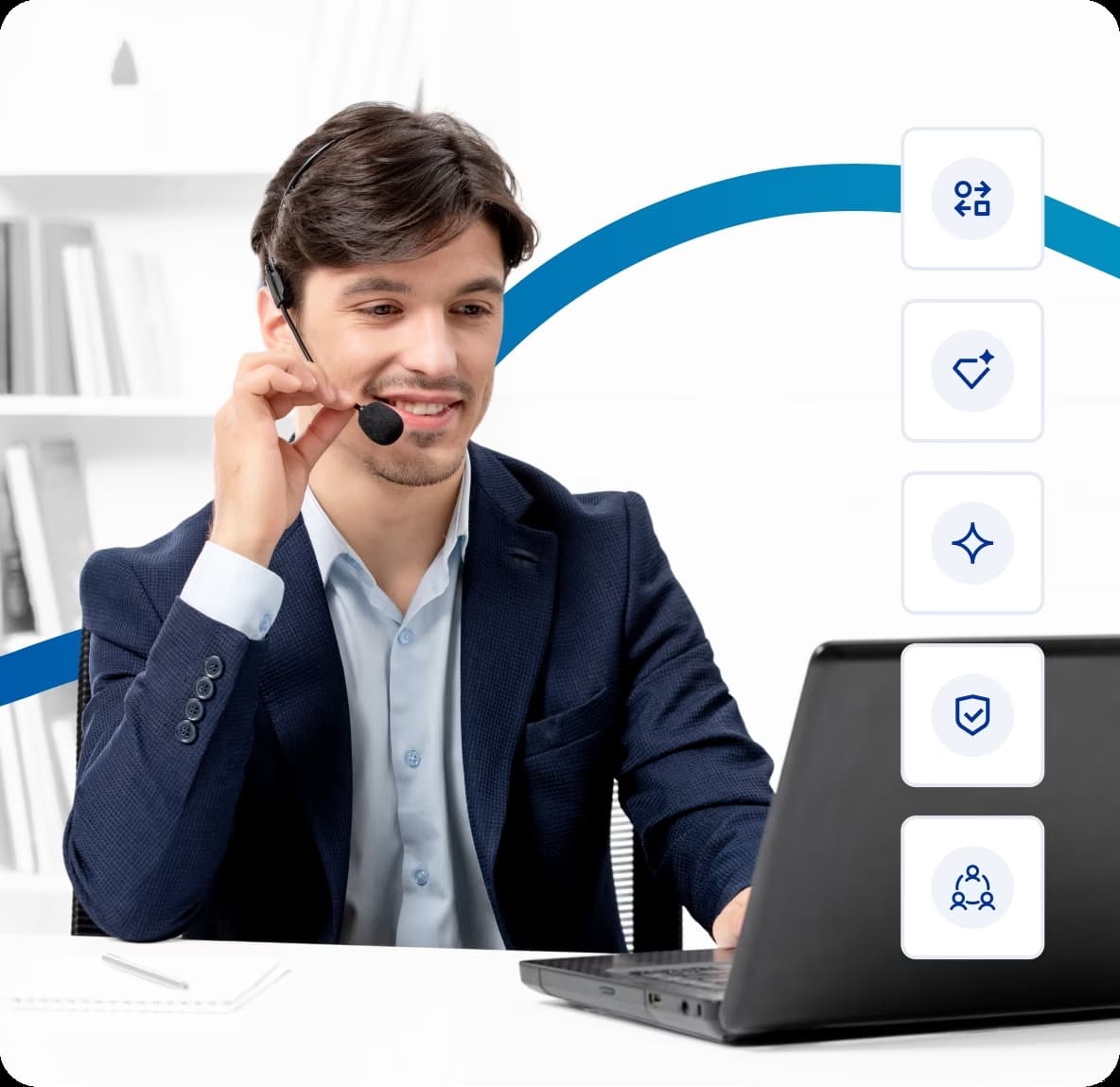 customer support agent talking to a client using a laptop headset
