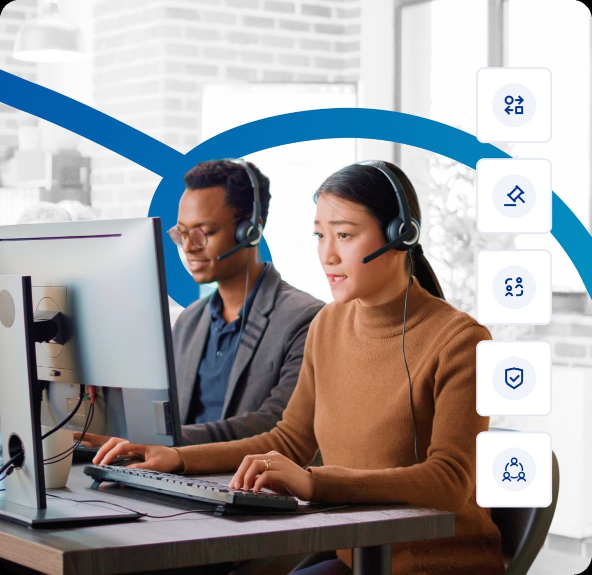Customer service representatives with headsets at computers providing phone support with icons