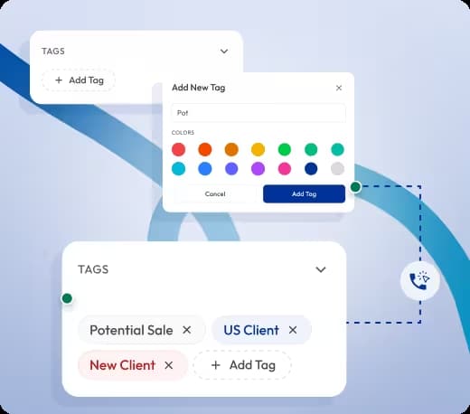 a user interface showing tag creation options with colorful tag choices and labels like “potential sale” “us client” and “new client