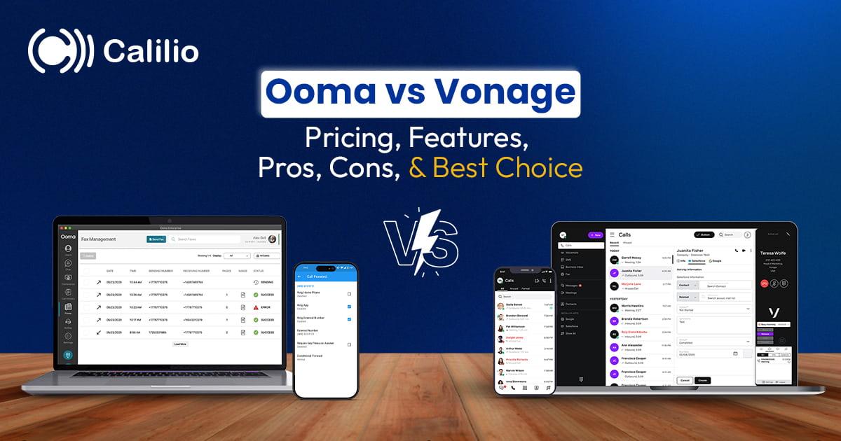 Laptop and mobile displaying ooma and vonage interface.