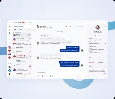 call and messaging dashboard interface with contact details and chat window