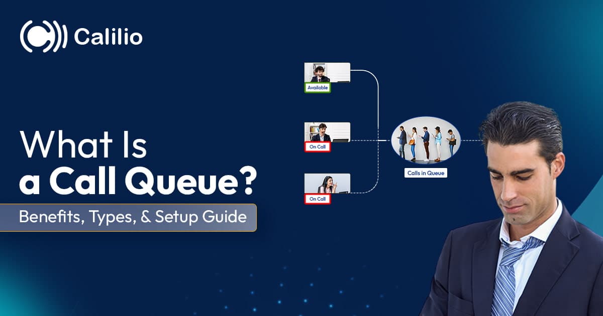 A man looking at phone with "Call Queue" text