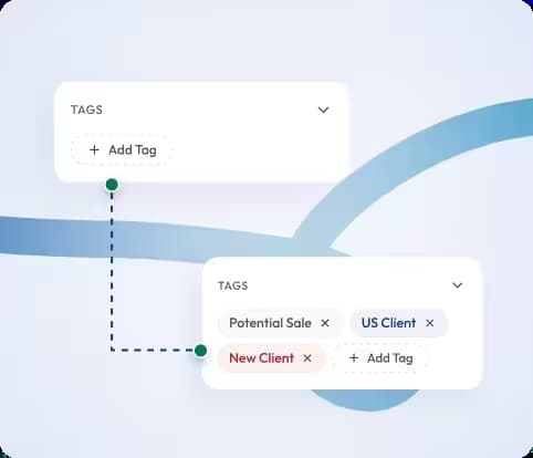 a user interface showing tag management options with labels like “potential sale” “us client” and “new client