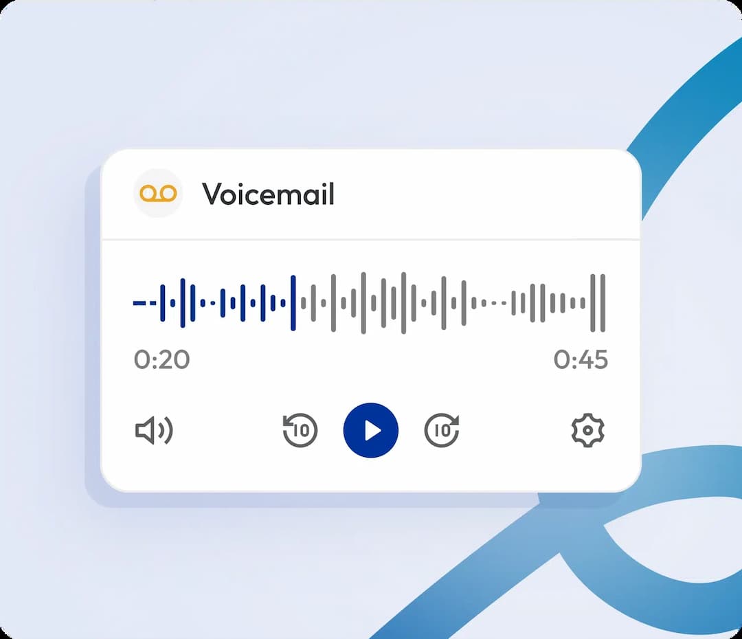 Calilio voicemail player interface showing 45-second audio message with playback controls