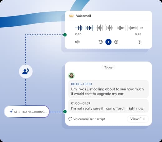 voicemail interface showing ai voicemail transcription of audio voicemail and received messages